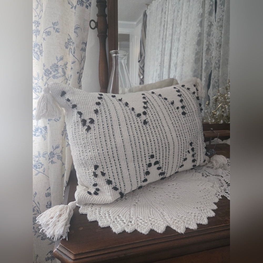 Cream Textured Tassel Pillow 12x20 – Black Woven Accents – Boho Farmhouse - Picture 3 of 6